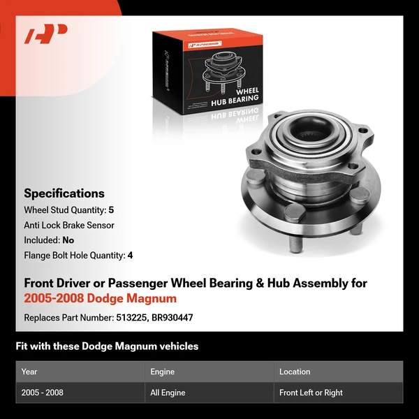 Front Driver or Passenger Wheel Bearing & Hub Assembly for 2005-2008 Dodge Magnum