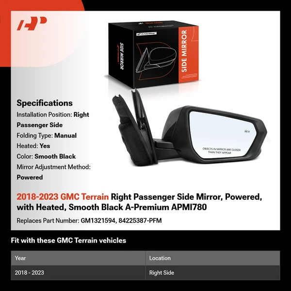 2018-2023 GMC Terrain Right Passenger Side Mirror, Powered, with Heated, Smooth Black A-Premium APMI780