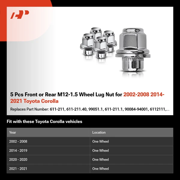 5 Pcs Front or Rear M12-1.5 Wheel Lug Nut for 2002-2008 2014-2021 Toyota Corolla