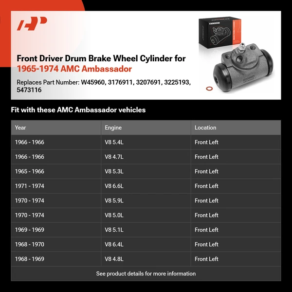 Front Driver Drum Brake Wheel Cylinder for 1965-1974 AMC Ambassador