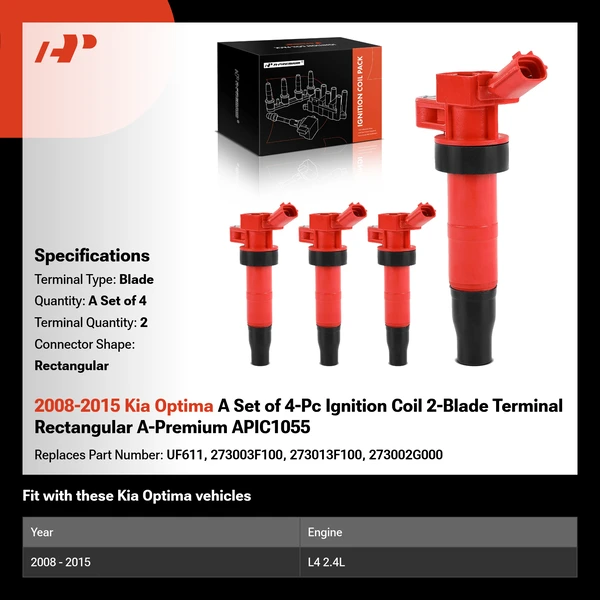 2008-2015 Kia Optima A Set of 4-Pc Ignition Coil 2-Blade Terminal Rectangular A-Premium APIC1055