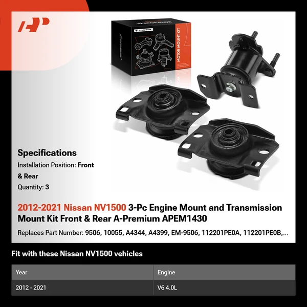 2012-2021 Nissan NV1500 3-Pc Engine Mount and Transmission Mount Kit Front & Rear A-Premium APEM1430