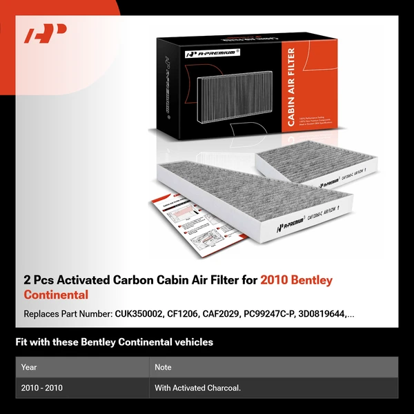 2 Pcs Activated Carbon Cabin Air Filter for 2010 Bentley Continental