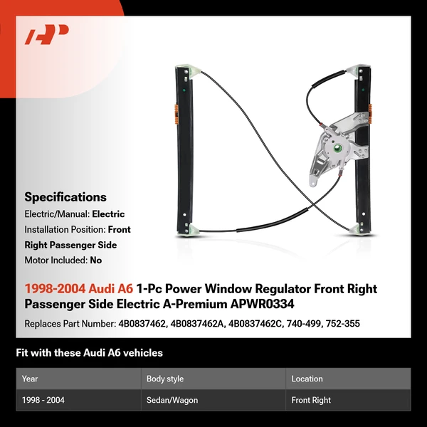 1998-2004 Audi A6 1-Pc Power Window Regulator Front Right Passenger Side Electric A-Premium APWR0334