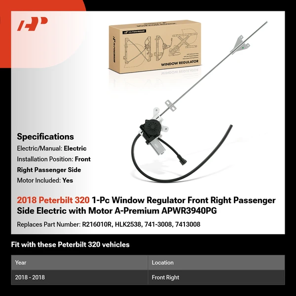 2018 Peterbilt 320 1-Pc Window Regulator Front Right Passenger Side Electric with Motor A-Premium APWR3940PG