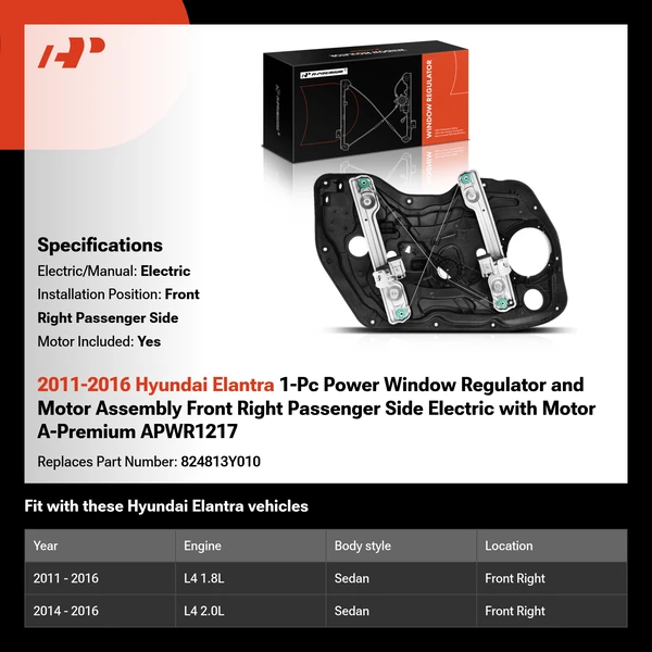 2011-2016 Hyundai Elantra 1-Pc Power Window Regulator and Motor Assembly Front Right Passenger Side Electric with Motor A-Premium APWR1217