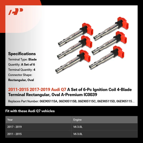 2011-2015 2017-2019 Audi Q7 A Set of 6-Pc Ignition Coil 4-Blade Terminal Rectangular, Oval A-Premium IC0039