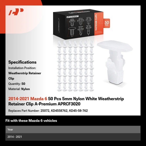 2014-2021 Mazda 6 50 Pcs 5mm Nylon White Weatherstrip Retainer Clip A-Premium APRCF3020