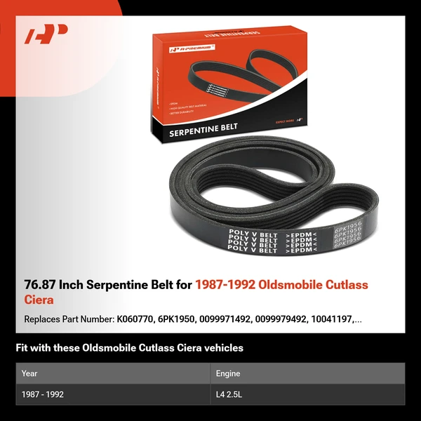 76.87 Inch Serpentine Belt for 1987-1992 Oldsmobile Cutlass Ciera