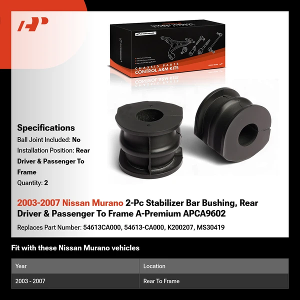 2003-2007 Nissan Murano 2-Pc Stabilizer Bar Bushing, Rear Driver & Passenger To Frame A-Premium APCA9602