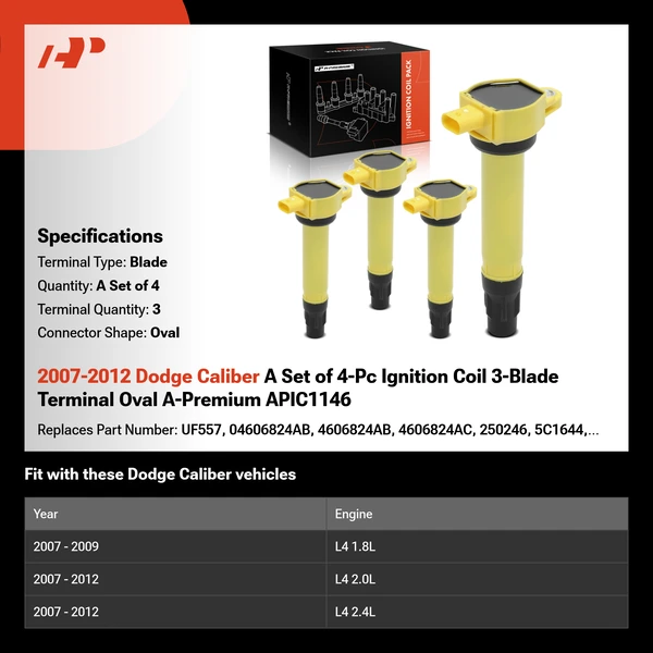 2007-2012 Dodge Caliber A Set of 4-Pc Ignition Coil 3-Blade Terminal Oval A-Premium APIC1146