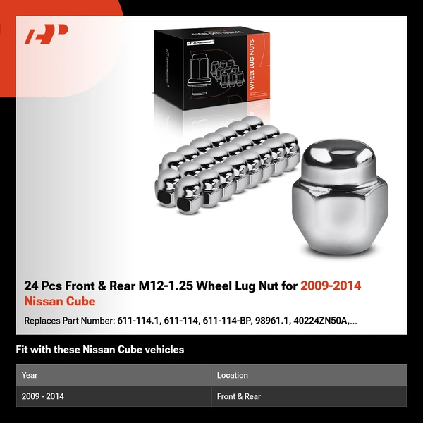 24 Pcs Front & Rear M12-1.25 Wheel Lug Nut for 2009-2014 Nissan Cube