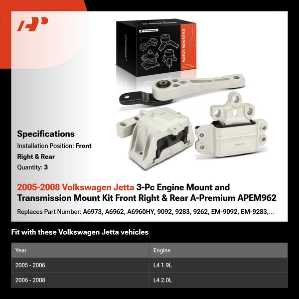 2005-2008 Volkswagen Jetta 3-Pc Engine Mount and Transmission Mount Kit Front Right & Rear A-Premium APEM962