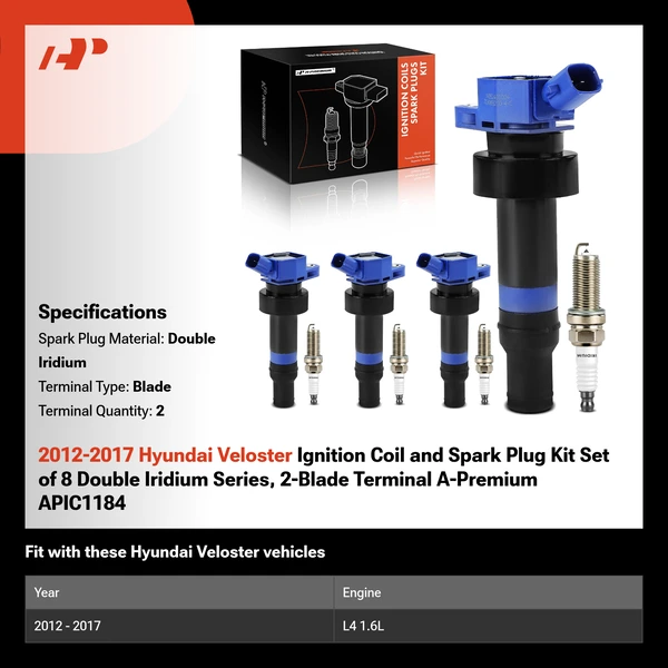 2012-2017 Hyundai Veloster Ignition Coil and Spark Plug Kit Set of 8 Double Iridium Series, 2-Blade Terminal A-Premium APIC1184