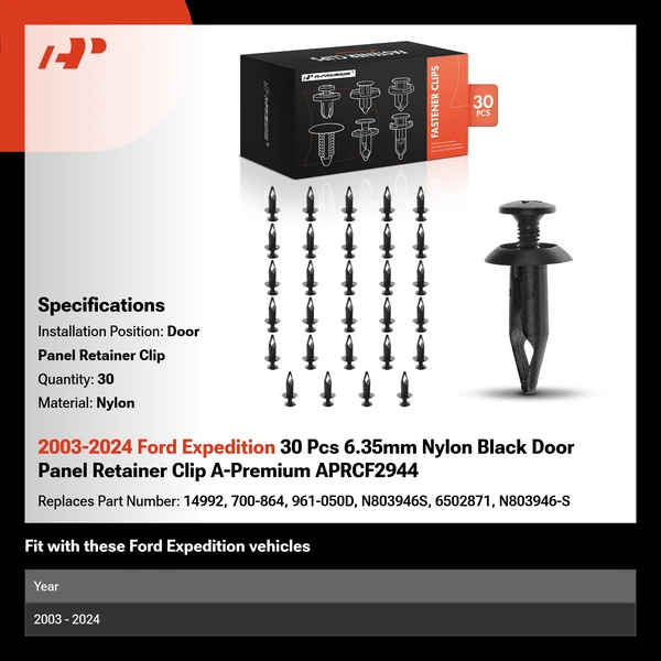 2003-2024 Ford Expedition 30 Pcs 6.35mm Nylon Black Door Panel Retainer Clip A-Premium APRCF2944