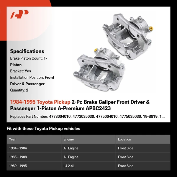 1984-1995 Toyota Pickup 2-Pc Brake Caliper Front Driver & Passenger 1-Piston A-Premium APBC2423