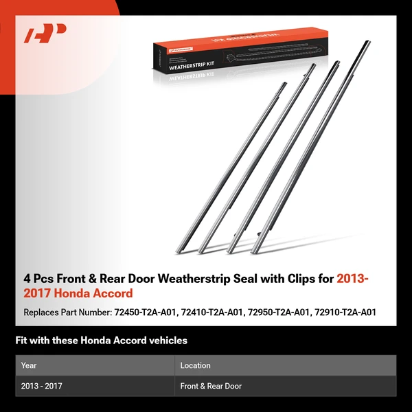 4 Pcs Front & Rear Door Weatherstrip Seal with Clips for 2013-2017 Honda Accord