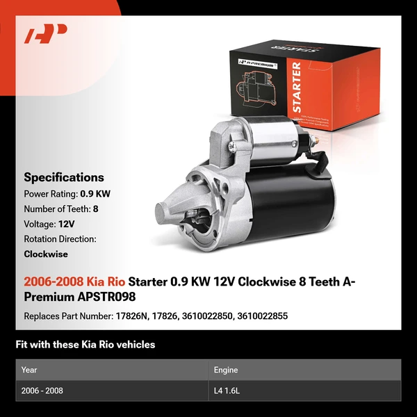 2006-2008 Kia Rio Starter 0.9 KW 12V Clockwise 8 Teeth A-Premium APSTR098