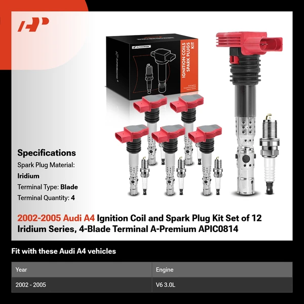2002-2005 Audi A4 Ignition Coil and Spark Plug Kit Set of 12 Iridium Series, 4-Blade Terminal A-Premium APIC0814