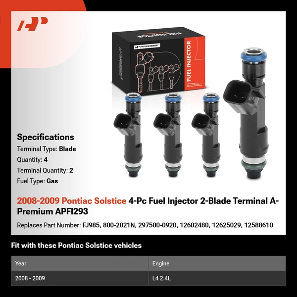 2008-2009 Pontiac Solstice 4-Pc Fuel Injector 2-Blade Terminal A-Premium APFI293