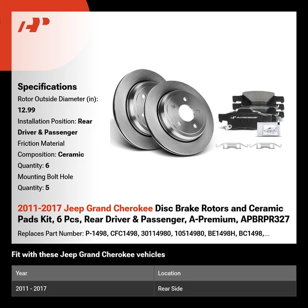 2011-2017 Jeep Grand Cherokee Disc Brake Rotors and Ceramic Pads Kit, 6 Pcs, Rear Driver & Passenger, A-Premium, APBRPR327
