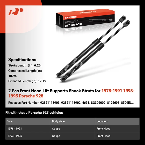 2 Pcs Front Hood Lift Supports Shock Struts for 1978-1991 1993-1995 Porsche 928