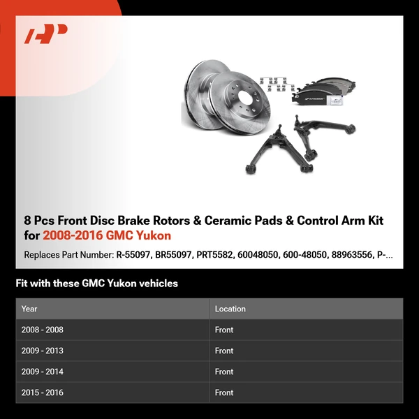 8 Pcs Front Disc Brake Rotors & Ceramic Pads & Control Arm Kit for 2008-2016 GMC Yukon