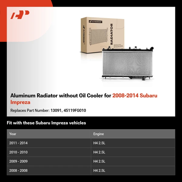 Aluminum Radiator without Oil Cooler for 2008-2014 Subaru Impreza