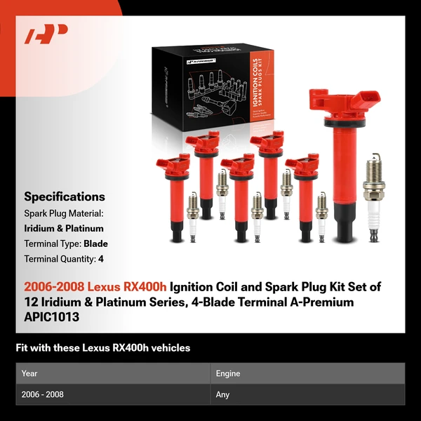2006-2008 Lexus RX400h Ignition Coil and Spark Plug Kit Set of 12 Iridium & Platinum Series, 4-Blade Terminal A-Premium APIC1013