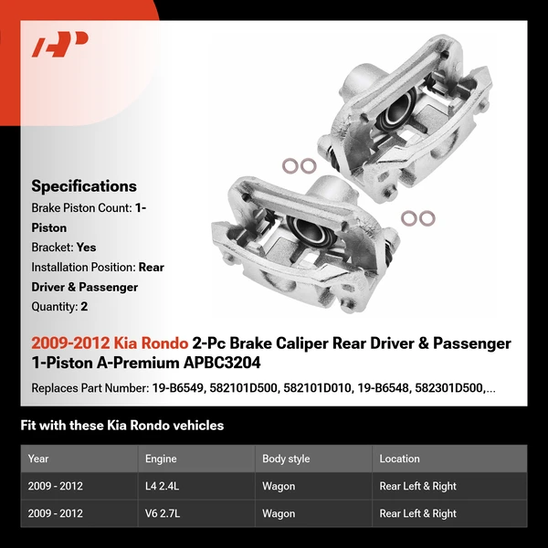 2009-2012 Kia Rondo 2-Pc Brake Caliper Rear Driver & Passenger 1-Piston A-Premium APBC3204