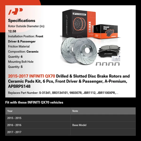 2015-2017 INFINITI QX70 Drilled & Slotted Disc Brake Rotors and Ceramic Pads Kit, 6 Pcs, Front Driver & Passenger, A-Premium, APBRPS148