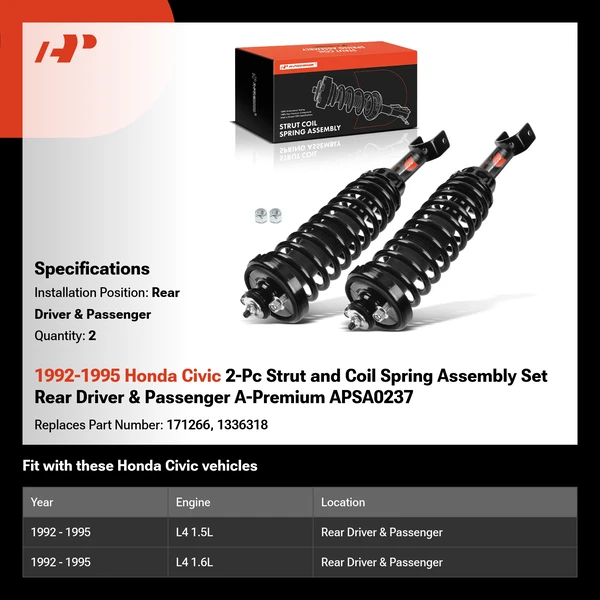 1992-1995 Honda Civic 2-Pc Strut and Coil Spring Assembly Set Rear Driver & Passenger A-Premium APSA0237