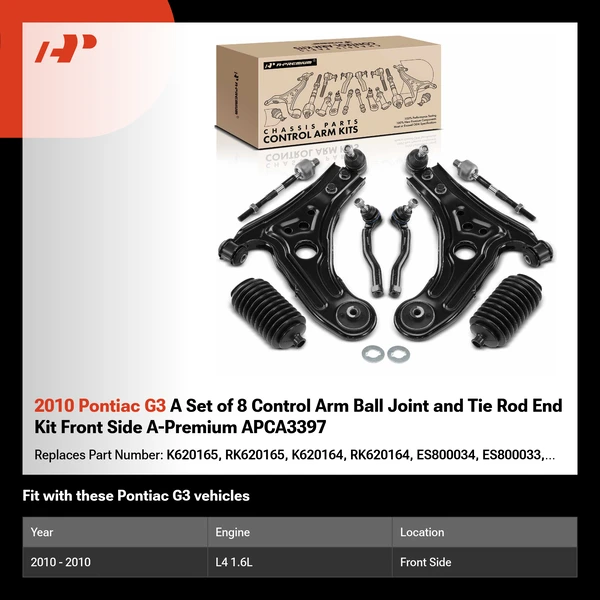 2010 Pontiac G3 A Set of 8 Control Arm Ball Joint and Tie Rod End Kit Front Side A-Premium APCA3397