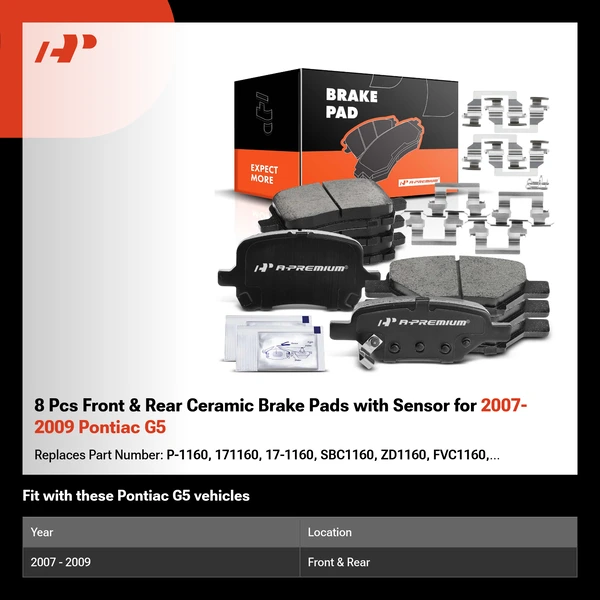 8 Pcs Front & Rear Ceramic Brake Pads with Sensor for 2007-2009 Pontiac G5