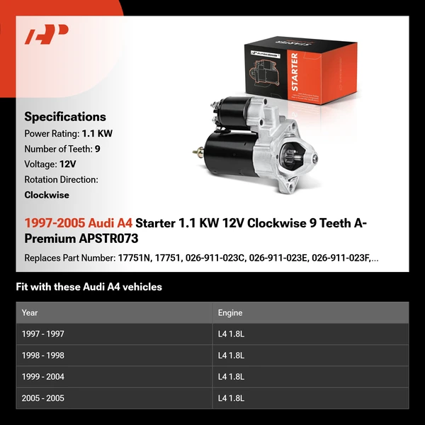 1997-2005 Audi A4 Starter 1.1 KW 12V Clockwise 9 Teeth A-Premium APSTR073