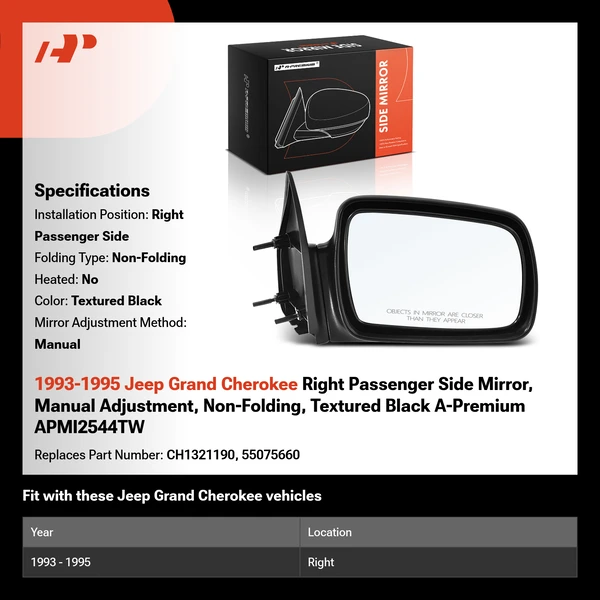 1993-1995 Jeep Grand Cherokee Right Passenger Side Mirror, Manual Adjustment, Non-Folding, Textured Black A-Premium APMI2544TW