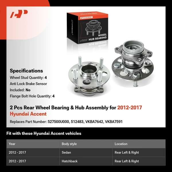 2 Pcs Rear Wheel Bearing & Hub Assembly for 2012-2017 Hyundai Accent
