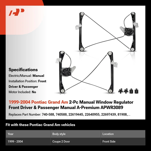 1999-2004 Pontiac Grand Am 2-Pc Manual Window Regulator Front Driver & Passenger Manual A-Premium APWR3089