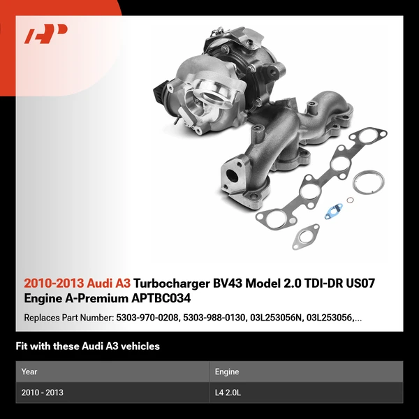 2010-2013 Audi A3 Turbocharger BV43 Model 2.0 TDI-DR US07 Engine A-Premium APTBC034