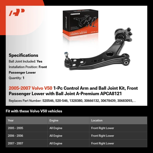 2005-2007 Volvo V50 1-Pc Control Arm and Ball Joint Kit, Front Passenger Lower with Ball Joint A-Premium APCA8121