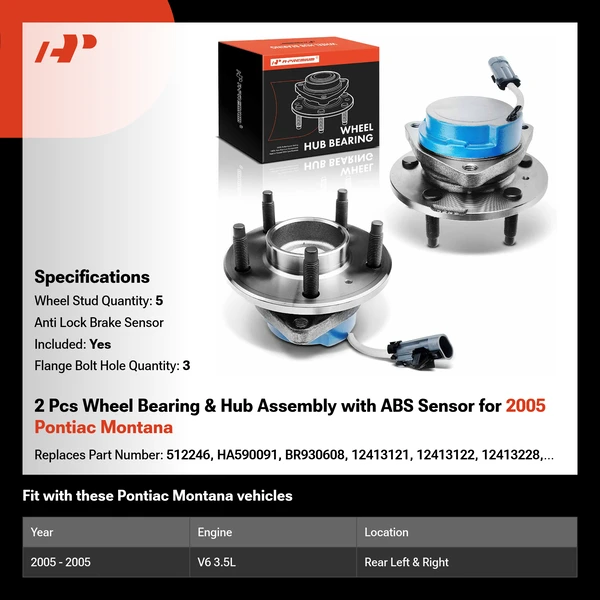 2 Pcs Wheel Bearing & Hub Assembly with ABS Sensor for 2005 Pontiac Montana