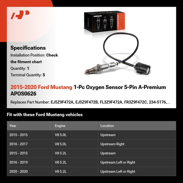 2015-2020 Ford Mustang 1-Pc Oxygen Sensor 5-Pin A-Premium APOS0626