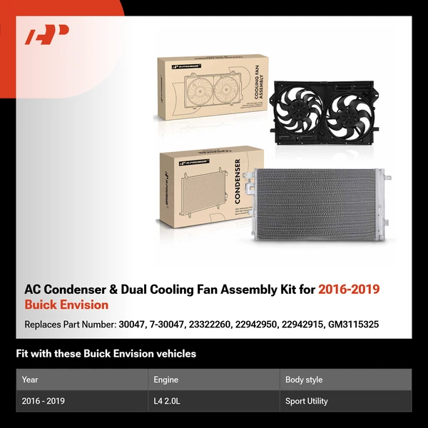 AC Condenser & Dual Cooling Fan Assembly Kit for 2016-2019 Buick Envision