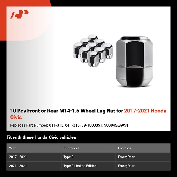 10 Pcs Front or Rear M14-1.5 Wheel Lug Nut for 2017-2021 Honda Civic