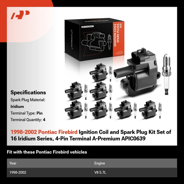 1998-2002 Pontiac Firebird Ignition Coil and Spark Plug Kit Set of 16 Iridium Series, 4-Pin Terminal A-Premium APIC0639
