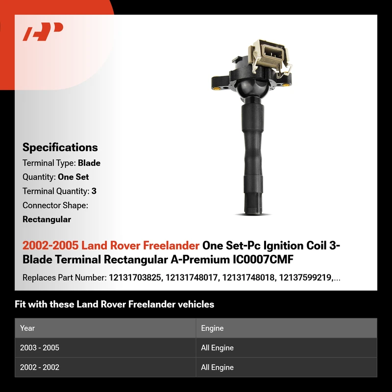 2002-2005 Land Rover Freelander One Set-Pc Ignition Coil 3-Blade Terminal Rectangular A-Premium IC0007CMF