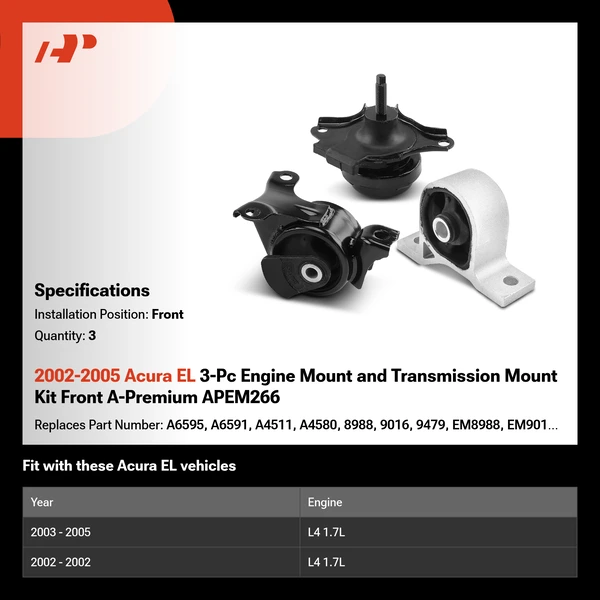 2002-2005 Acura EL 3-Pc Engine Mount and Transmission Mount Kit Front A-Premium APEM266