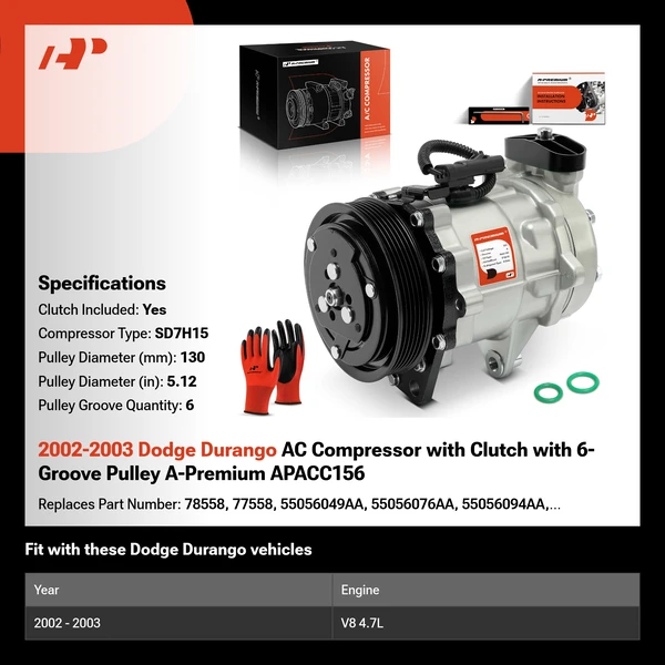 2002-2003 Dodge Durango AC Compressor with Clutch with 6-Groove Pulley A-Premium APACC156