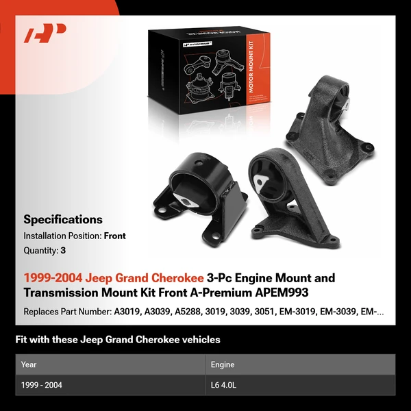 1999-2004 Jeep Grand Cherokee 3-Pc Engine Mount and Transmission Mount Kit Front A-Premium APEM993