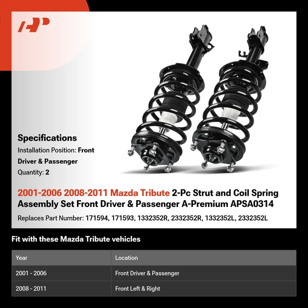 2001-2006 2008-2011 Mazda Tribute 2-Pc Strut and Coil Spring Assembly Set Front Driver & Passenger A-Premium APSA0314
